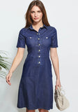 Turn-down Collar Short Sleeves Solid Button Midi A-line Casual