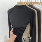 Color Half-High Collar Pleated Design Feeling Bottomed Shirt Women's Autumn New Short-Sleeved T-Shirt Underwear-Outfit