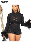 Feather Mesh See Through Black Jumpsuit Women Clothing Sexy Rompers One Pieces Going Out Night Club Outfit