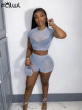 Summer Streetwear Womens 2 Two Peice Set Outfits Short Sleeve Crop Top High Waist Skinny Shorts Suits Mesh Matching