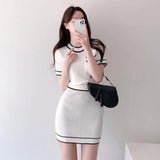 Summer Women's Suit with Skirt Dress Set Elegant Sweet Solid O-Neck Short Sleeve Knitted Shirt Sweater Skirt 2 Piece