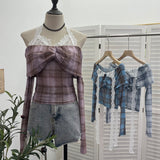 Hanging Neck Shoulder Mesh Yarn Long-Sleeved Top Design Y2k Short Repair T-Shirt