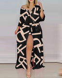 Loose Striped Shirt Dress Women Fashion V-neck Long Sleeve Loose Striped Print Slit Maxi Dress for