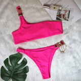 Toloer New Swimsuit Luxury Crystal Diamond Chain Female Split Swimsuit Plain Color One Shoulder Sexy