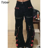 Gothic Bandage Jeans Women Dark Academic Low Waist Wide Leg Pant Harajuku Vintage Emo Hip Hop Denim Trousers Punk