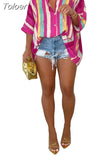 Striped Printed Button Up Shirt Casual Loose Half Sleeve High Low Blouses for Women Fashion 2023 Fall Tops