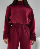 Winter Zipper Splice Stand Collar Women Two Piece Sets Short Tops Full Sleeve Solid Straight Long Pants Set Casual Loose-Outfit