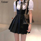 Work Clothes Black Dress Strap Dress Women Summer Hot Girl Jk Uniform Sling Pleated Skirt Puff Sleeve Shirt