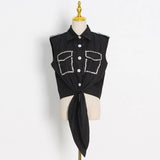 Loose Shirt For Women Lapel Sleeveless Patchwork Diamonds Solid Minimalist Blouses Female Summer Clothing Style