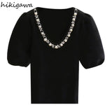 Sweaters 2023 Women Clothes V-neck Beading Pullover Fashion Korean Woman Puff Sleeve Sweater Elegant Tops Pull