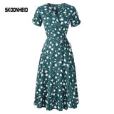 New Summer Print Floral Dress Women V Neck Short Sleeves Chiffon Bohemian Dresses Beach Midi Female Wrap Long