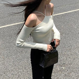 Woman Clothing Knitted T-shirt Autumn Clothes Harajuku Solid Color Off Shoulder Long Sleeve Tees Sexy Club y2k Streetwear-Outfit