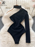 Halter Off Should Sexy Jumpsuits Long Sleeve Hollow Out Elastic Waist 2022 Female Slim Solid Autumn Short