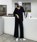 Female Sweater Pantsuit For Women Two Piece Set Pullover V-Neck Long Sleeve Bandage Top Wide Leg Pants