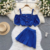 Strap Women Set Drawstring Summer 2022 Fashion Single Breasted Backless Tops+ Mini Skirt Korean Style Two Piece