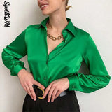 Solid Satin Shirt Elegant Polo Collar Office Lady Shirts 2022 Spring Summer Long Sleeve Top Female Fahsion Casual