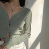 Spring V Neck Button Long Sleeve Sweaters Women Korean Style Thin Single Breasted Cardigans Lady Cropped