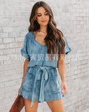 Piece Jeans Stretch Jumpsuits Women V Neck Short Sleeve Solid Denim Casual Rompers Ladies Lace Up Playsuits Pockets-Outfit
