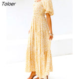 Women Summer Dresses 2023 Floral Print Square Neck Puff Sleeve Short Sleeves Maxi Dress Bow Strap Boho Beach Party