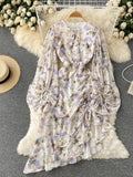Autumn Bohemian Women Floral Drawstring Irregular Dress Female Elegant O-Neck Puff Sleeve Ruffle Vestidos Elegant Draped