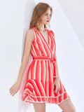 Striped Patchwork Pom Pom Mini Dress For Women V Neck Sleeveless Lace Up Bow Casual Dresses Female Fashion New
