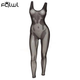 Streetwear Spring Sleeveless Bodycon Jumpsuits Women Mesh See Though One Piece Outfit Black Backless Jumpsuit Female