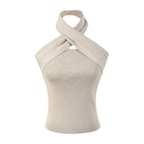 Backless Cross Sweater For Women Irregular Collar Sleeveless Sexy Knitted Slim Tops Female Fashion New