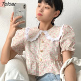 Women Preppy Style Lace Patchwork Casual All-match Popular Summer Peter Pan Collar Chic Crops Students Korean Retro