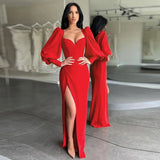Women Lantern Sleeve Dresses High Split Square Collar Autumn 2021 Vintage Shrug Chic Party Wear Elegant Female