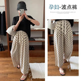 Giving Birth, You Can Also Wear Pregnant Women's Ice Silk Wide-Leg Pants, Thin Style, High-Waist, Straight Tube, Loose Wave Point Chiffon Casual Pants In Summer.-Outfit