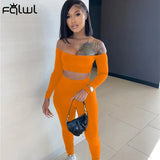 Summer Bodycon Soild Streetwear 2 Two Piece Sets Women Outfits Off Shoulder Long Sleeve Crop Top Pants Suits Matching
