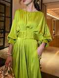 Elegant Solid Dress For Women Slash Neck Lantern Sleeve Sashes Lace Up Midi Dresses Female 2022 Spring Clothing