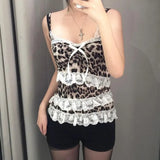 Girls Retro Leopard Print Color Lace Bow Splicing With Small Suspenders To Show Slim, Sexy Vest-Outfit