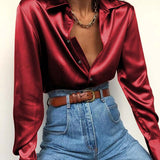 Fashion Women Satin Blouse Shirt 2022 Autumn Long Sleeve Lapel Button Shirt Elegant Tunic Top Solid Slik Blusas
