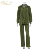 Causal Loose Home Suit Autumn Long Sleeve Blouse With High Wasit Pants Set Women Elegant Pleated Beige 2 Piece Pant