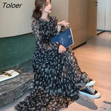 Summer Thin Section Floral Chiffon Lace Long Dress Vintage Black Boho Long Dresses For Women Fashion Long Sleeve