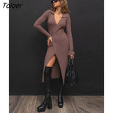 Long Sleeve Women Sweater Dress Sexy V-Neck Elegant Knitted Midi Dresses Lace-Up Bodycon Wrap Dress Knitting
