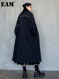 Women Back Striped Big Size Long Trench New Lapel Long Sleeve Loose Fit Windbreaker Fashion Spring Autumn 2023