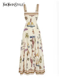 Summer Dress For Women Square Collar Sleeveless High Waist Cut Out Print Colorblock Midi Dresses Female Summer