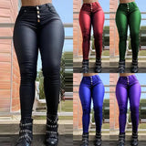 Faux Leather Pants Women High Waist Skinny Trousers Buttons Design Spring Summer Slim Fit PU Bodycon Pant Club Leggings
