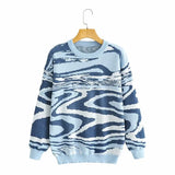 Style Knit Women Pullover Sweater Spring Autumn New Design Blue White Printed Soft Loose Tops Lady Long Sleeve