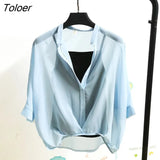 Two Piece Chiffon Shirt Women Summer Half Sleeve Loose V-Neck Casual Blouse Women Sexy Loose Striped Shirts Tops