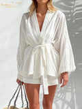 Fashion Long Sleeve Robes Top Two Piece Sets Womens Outifits Autumn Casual White Home Suit Elegant Shorts Women'S