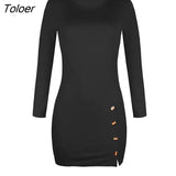 Women Sexy Fashion Side Split Dresses Package Hip Slim Button Charm Vestidos O-neck long-sleeved Mini