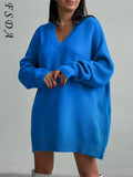Y2K Knitted Women Pullover Green V Neck Long Sleeve 2021 Loose Casual Sweater Dress Autumn Winter Oversized