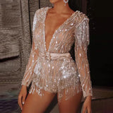 Glitter Sequin Slim Rompers And Jumpsuits Women Long Sleeve V Neck Bodycon Tassel Sexy Club Party