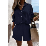 Celmia Loose Summer 2 PCS Sets Cotton Casual Lightweight Lapel Long Sleeve Shirt and Pleats Elastic Waist Short Suits Short