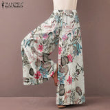 ZANZEA 2022 Kaftan Printed Pants Women's Wide Leg Trousers Elastic Waist Long Pantalon Palazzo Casual Floral