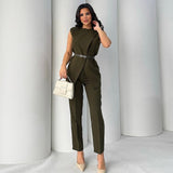 Summer New Solid Color Round Collar Sleeveless Top High Waist Broad Leg Pants Two Sets Of