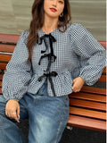 Women's Plaid Loose Bow Long-Sleeved